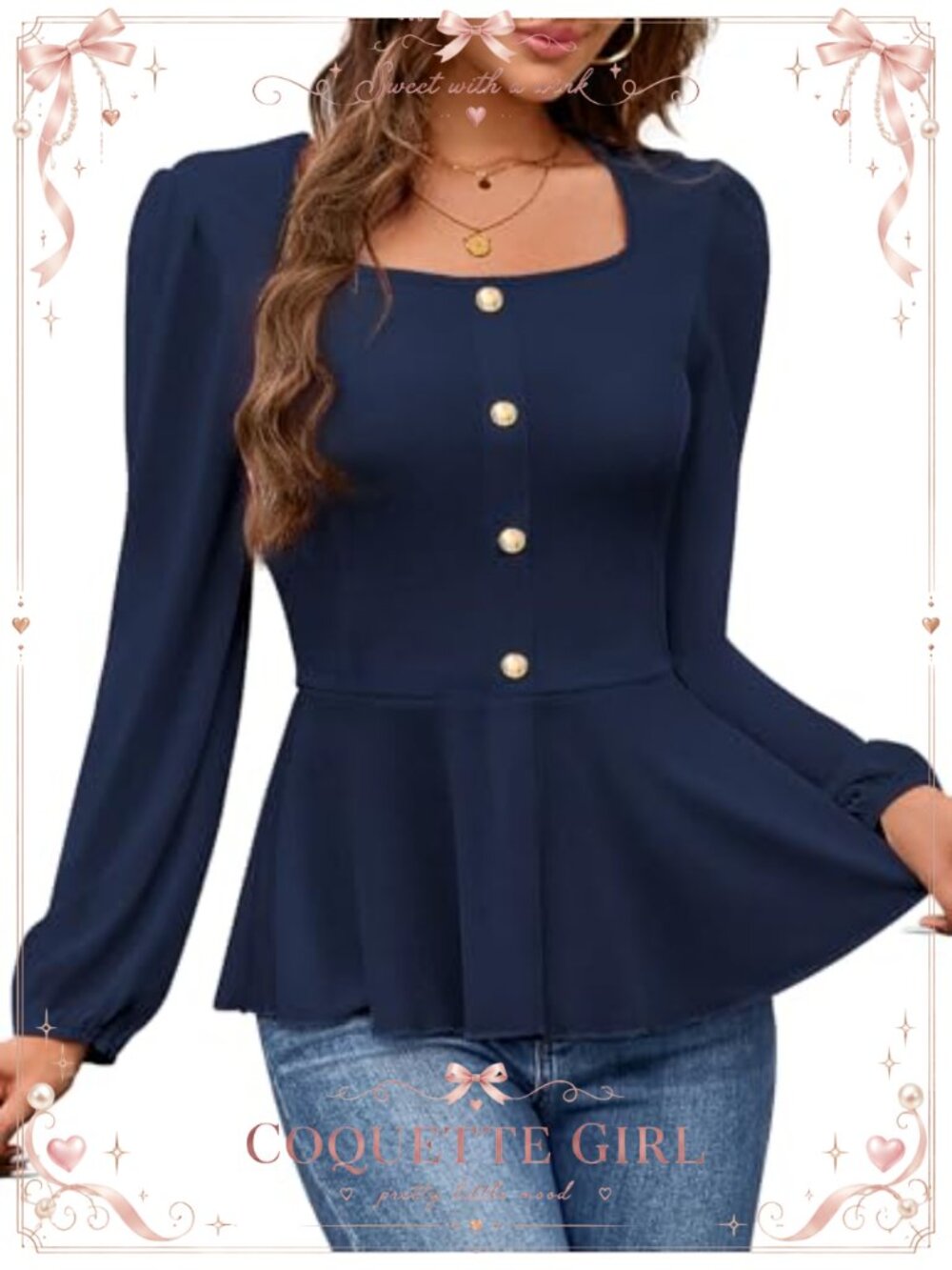 Peplum Blouse Long Sleeve Square Neck Ruffle Hem Stretch Business Casual Top